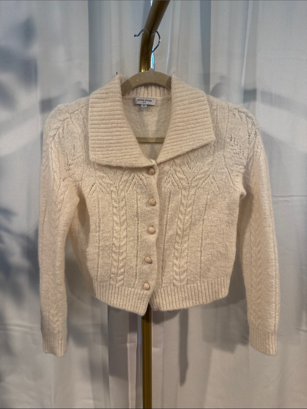 Petite Studio NYC Cream Cable-Textured ButtonUp Cardigan Wool Mohair
